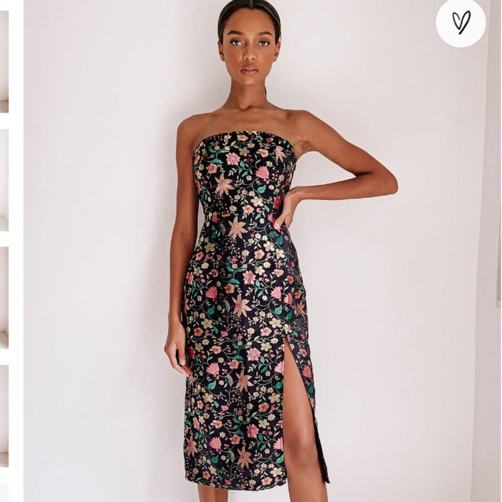 Lulu's Make a Move Black Satin Floral Jacquard Strapless Midi Dress